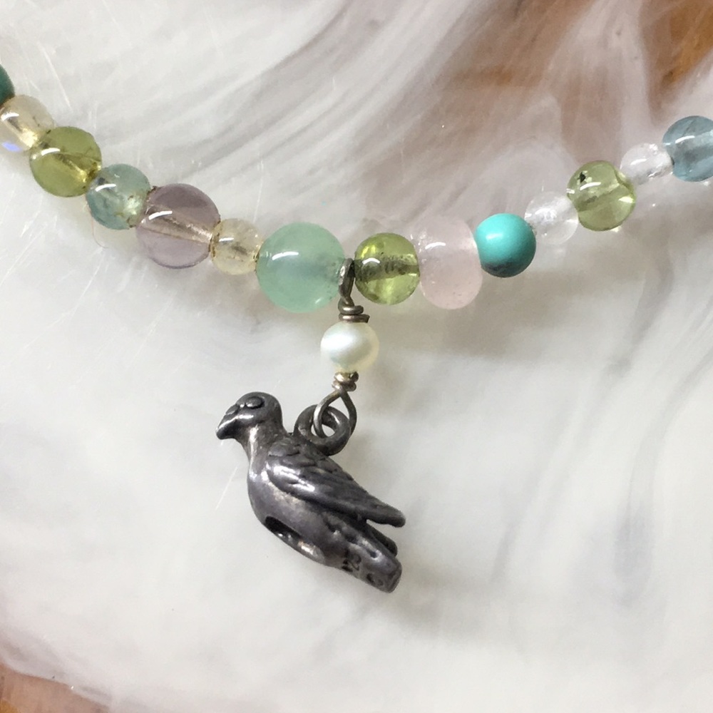 Sterling Silver Bird Multiple Gemstone Beaded Cho… - image 3